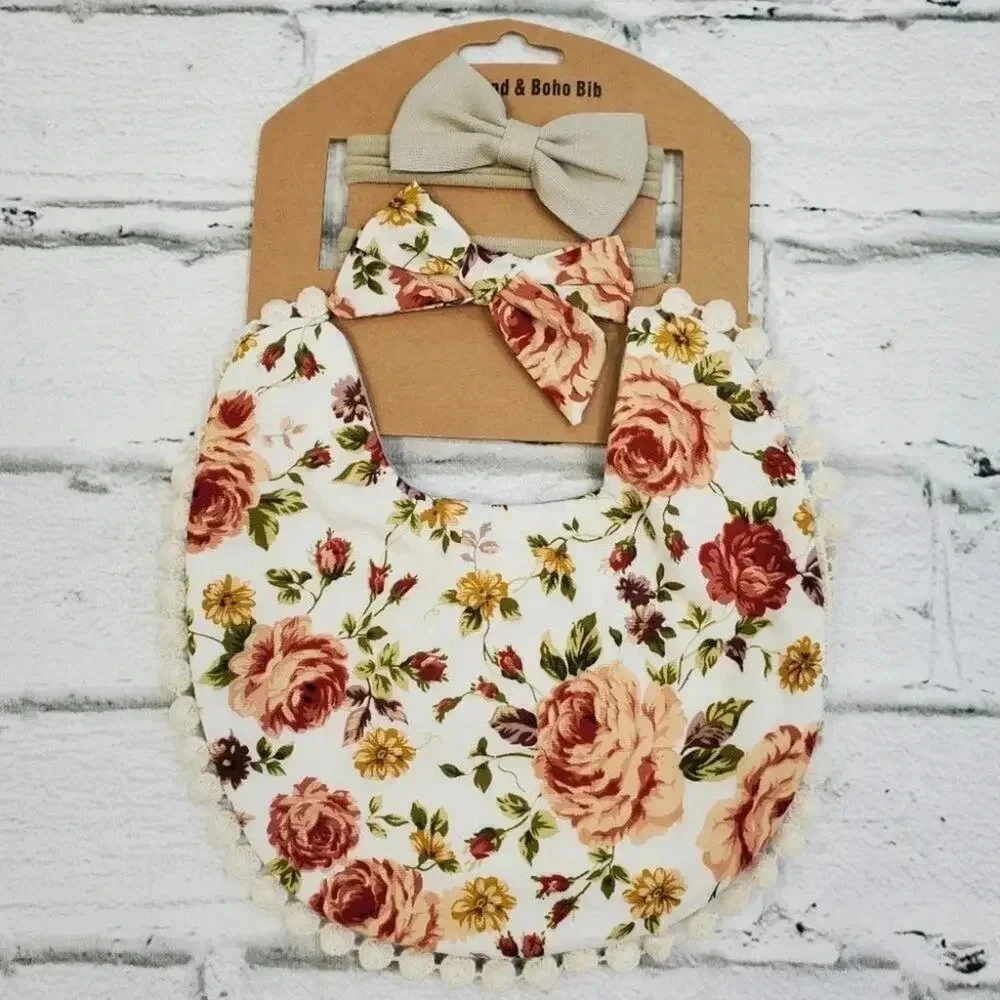 Boho Vintage Inspired Reversable Baby Bib with Matching Headbands Baby Girl Gift